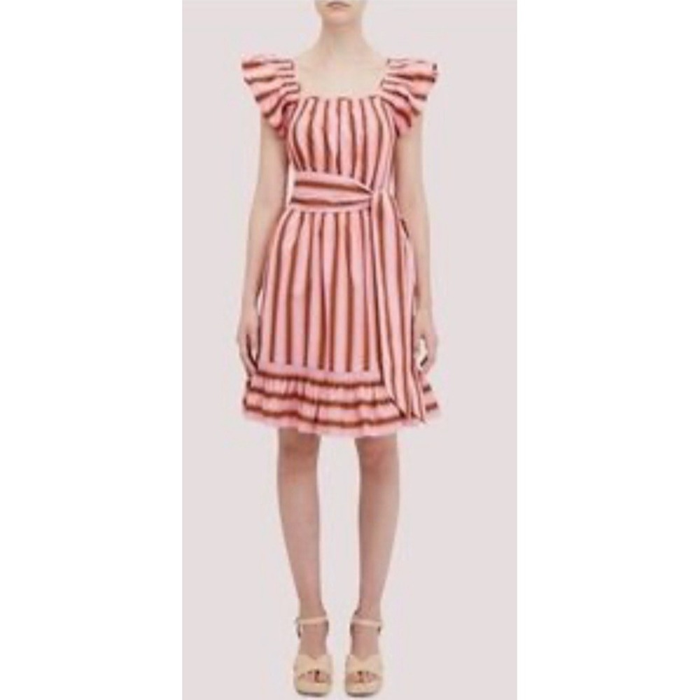 NWOT $298 Kate Spade Calais Pink Stripe Ruffle Flutter Dress‎ Women's M